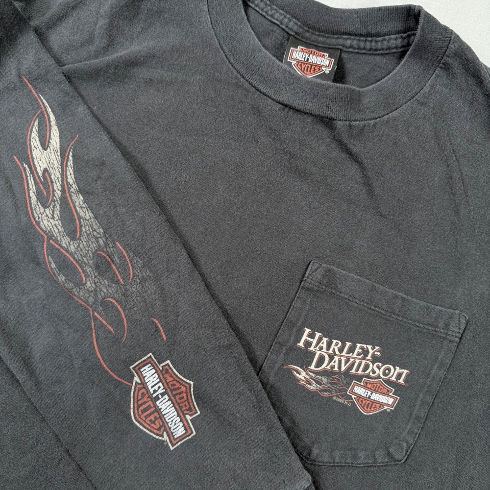 Harley Davidson‎ Shirt Mens Large New Orleans Hurricane L/S T-Shirt Black Flames